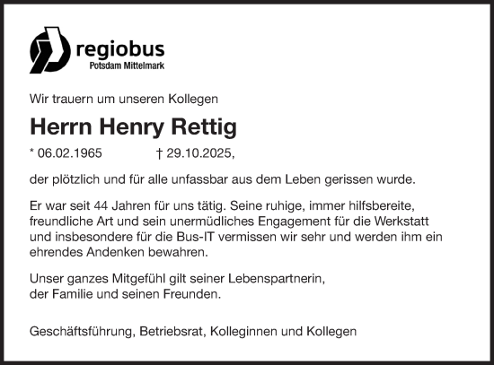 Traueranzeige von Henry Rettig von Märkische Oderzeitung