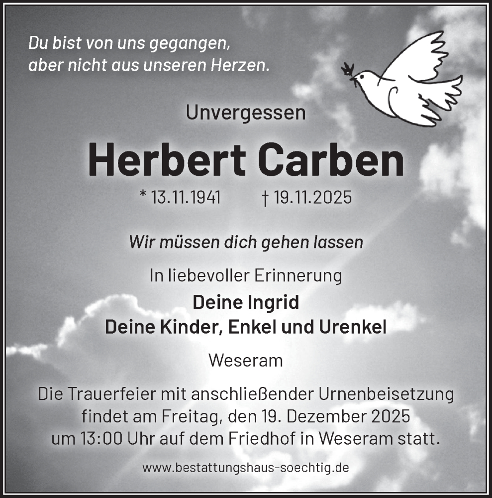  Traueranzeige für Herbert Carben vom 29.11.2025 aus Märkische Oderzeitung