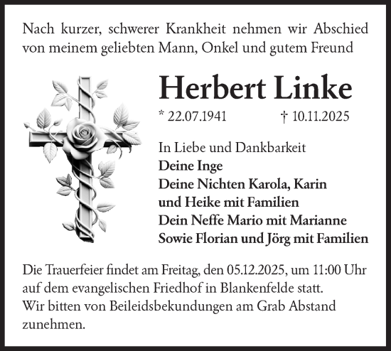Traueranzeige von Herbert Linke von Blickpunkt Ludwigsfelde/Zossen