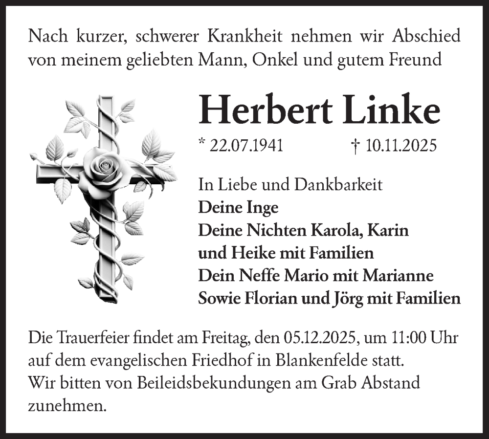  Traueranzeige für Herbert Linke vom 22.11.2025 aus Blickpunkt Ludwigsfelde/Zossen