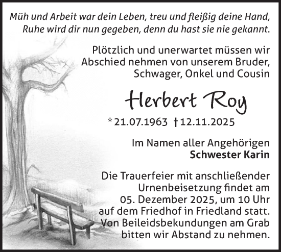 Traueranzeige von Herbert Roy von Märkische Oderzeitung