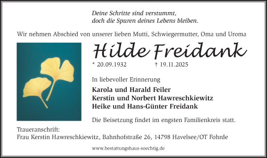 Traueranzeige von Hilde Freidank von Märkische Oderzeitung