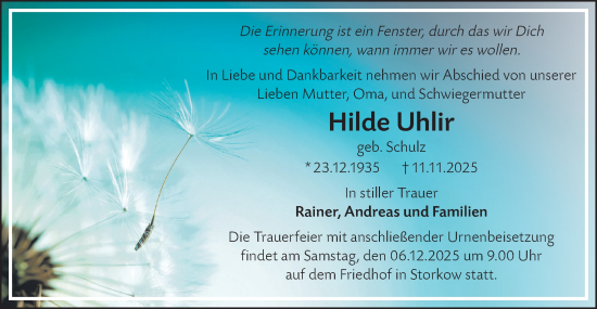 Traueranzeige von Hilde Uhlir von Märkische Oderzeitung