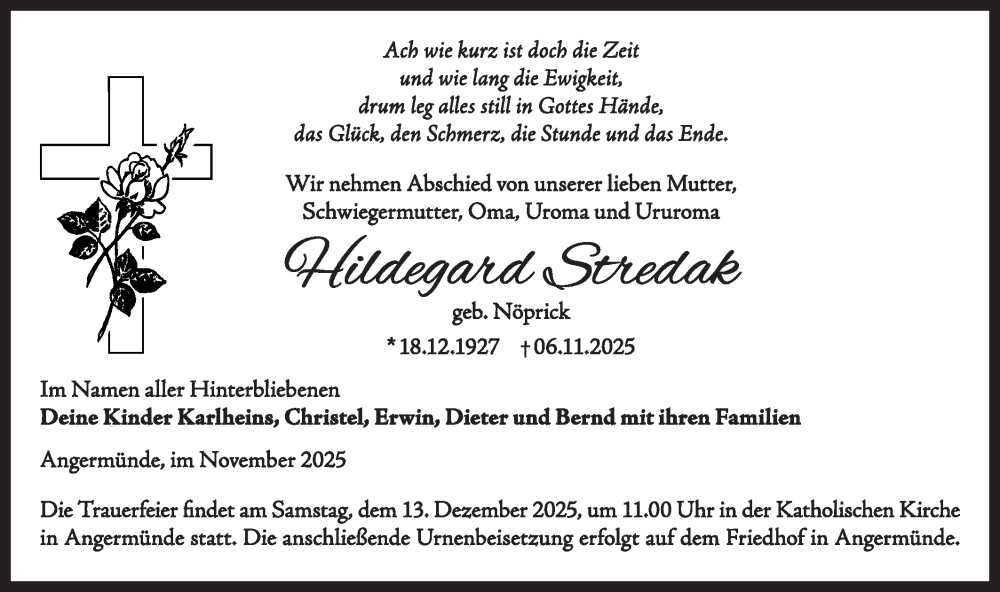  Traueranzeige für Hildegard Stredak vom 29.11.2025 aus MO Uckerm.-Anz.