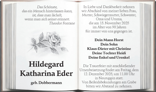 Traueranzeige von Hildegard Katharina Eder von Märkische Oderzeitung