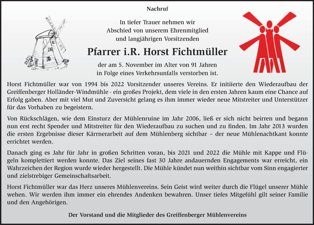  Traueranzeige für Horst Fichtmüller vom 22.11.2025 aus MO Uckerm.-Anz.