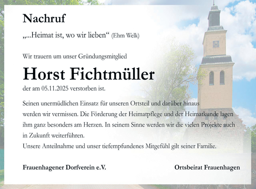  Traueranzeige für Horst Fichtmüller vom 29.11.2025 aus Märkische Oderzeitung