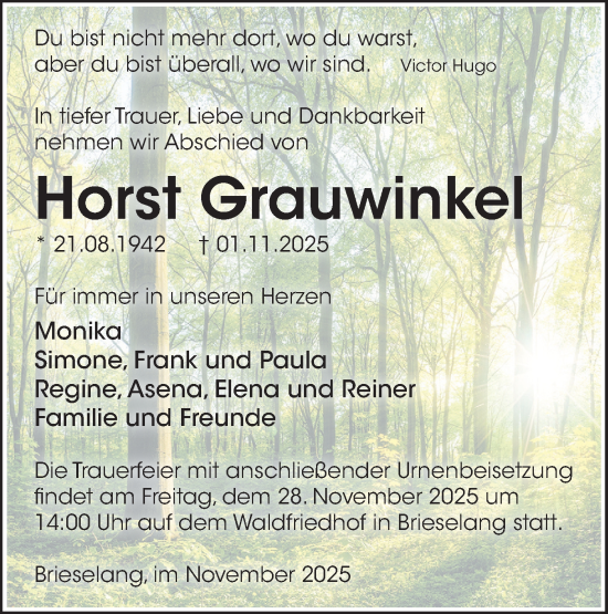 Traueranzeige von Horst Grauwinkel von Märkische Oderzeitung