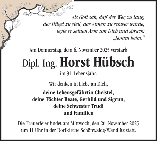Traueranzeige von Horst Hübsch von Märkische Oderzeitung