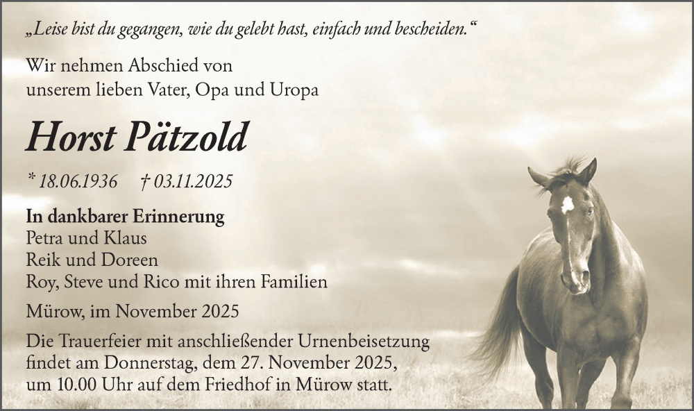  Traueranzeige für Horst Pätzold vom 15.11.2025 aus MO Uckerm.-Anz.