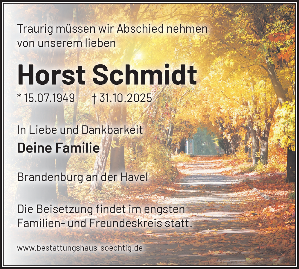  Traueranzeige für Horst Schmidt vom 08.11.2025 aus Märkische Oderzeitung