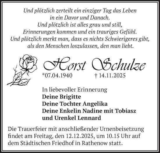 Traueranzeige von Horst Schulze von Märkische Oderzeitung