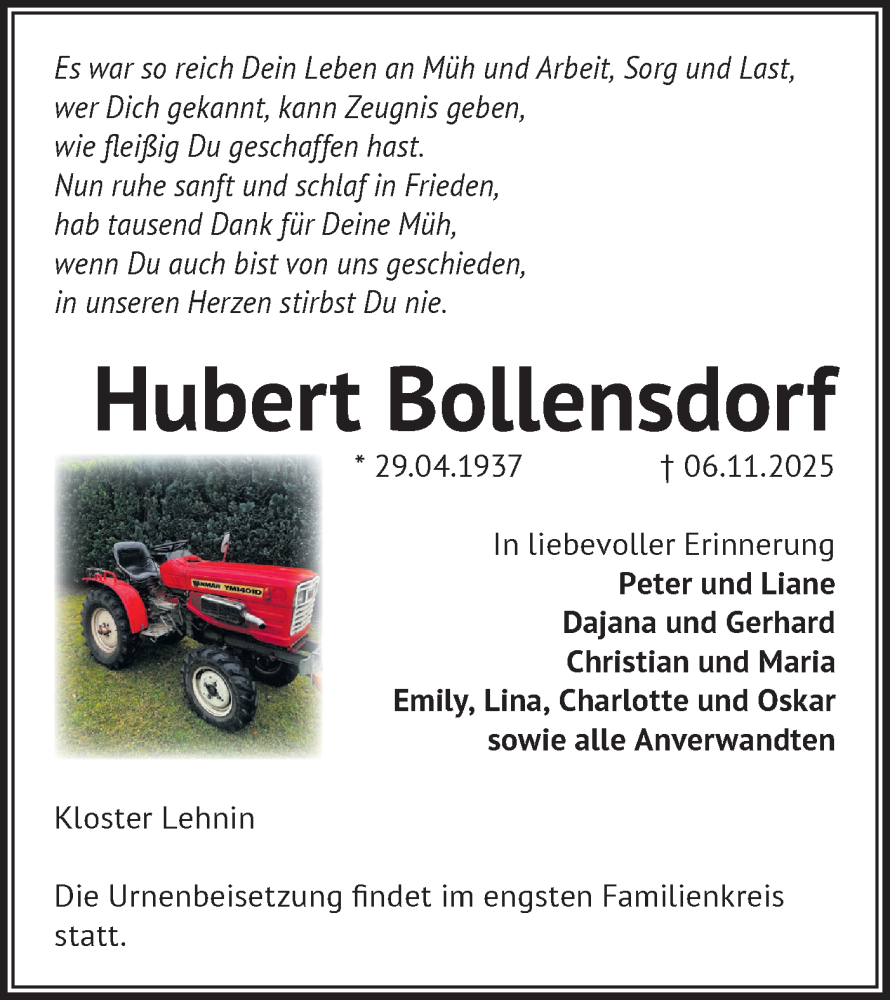  Traueranzeige für Hubert Bollensdorf vom 15.11.2025 aus Märkische Oderzeitung