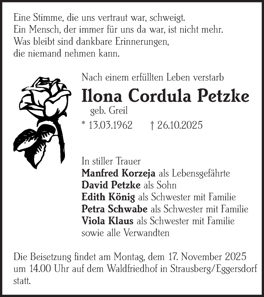  Traueranzeige für Ilona Cordula Petzke vom 08.11.2025 aus Märkische Oderzeitung