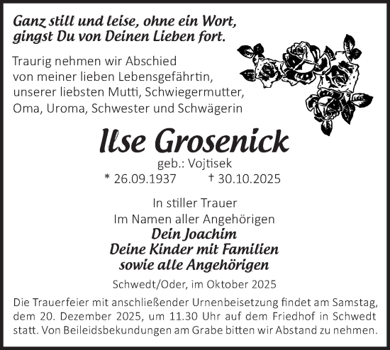 Traueranzeige von Ilse Grosenick von MO Uckerm.-Anz.