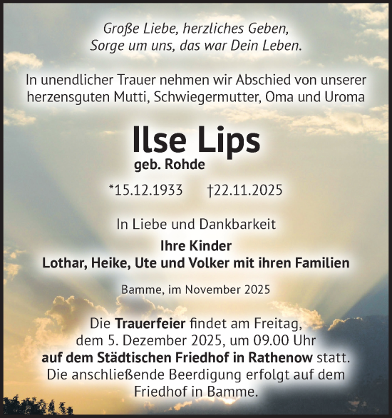 Traueranzeige von Ilse Lips von Märkische Oderzeitung