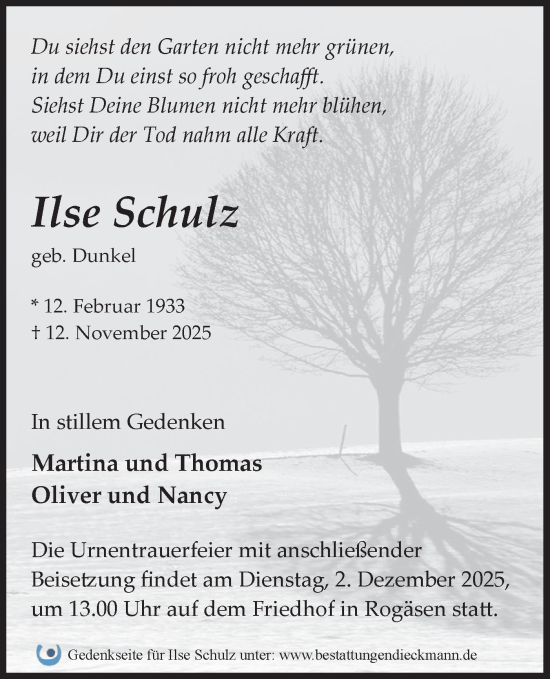 Traueranzeige von Ilse Schulz von Märkische Oderzeitung