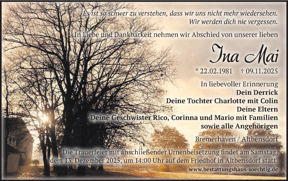  Traueranzeige für Ina Mai vom 22.11.2025 aus Märkische Oderzeitung