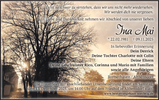 Traueranzeige von Ina Mai von Märkische Oderzeitung