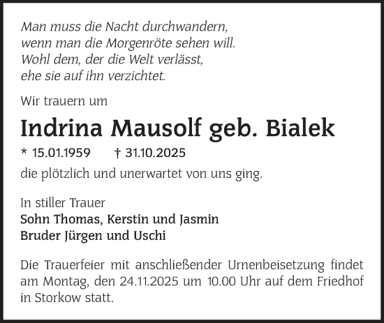 Traueranzeige von Indrina Mausolf von Märkische Oderzeitung