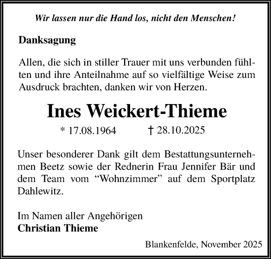 Traueranzeige von Ines Weickert-Thieme von Blickpunkt Ludwigsfelde/Zossen