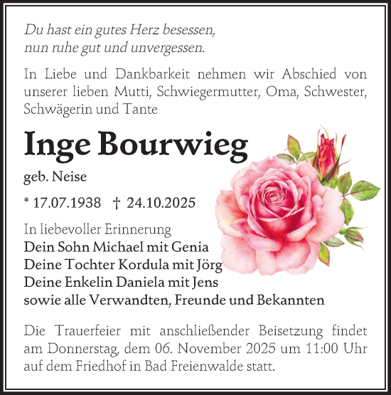 Traueranzeige von Inge Bourwieg von MO Oderld.-Echo