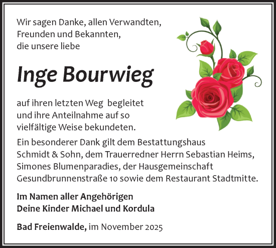 Traueranzeige von Inge Bourwieg von MO Oderld.-Echo