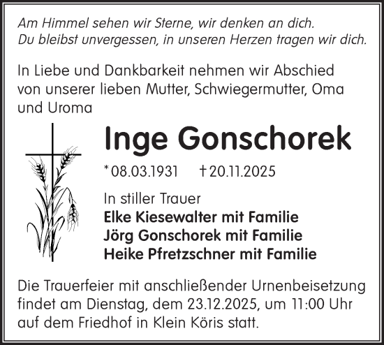 Traueranzeige von Inge Gonschorek von Blickpunkt Königs Wusterhausen