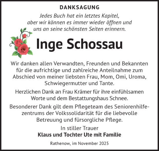 Traueranzeige von Inge Schossau von Märkische Oderzeitung