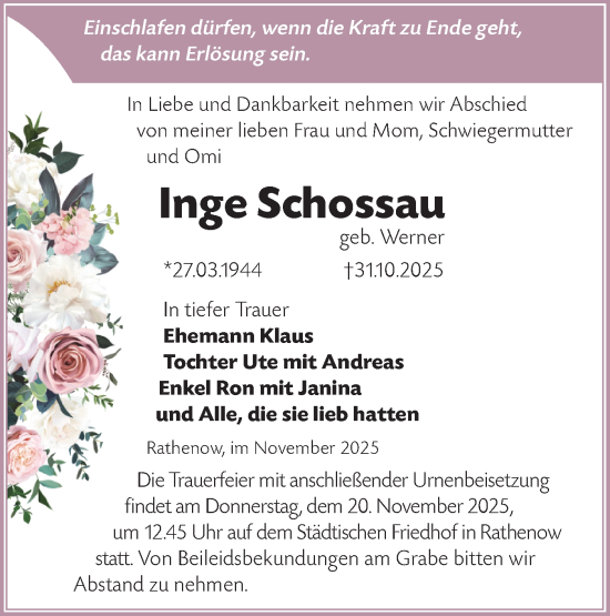 Traueranzeige von Inge Schossau von Märkische Oderzeitung