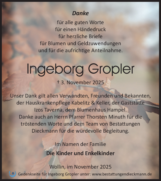 Traueranzeige von Ingeborg Gropler von Märkische Oderzeitung