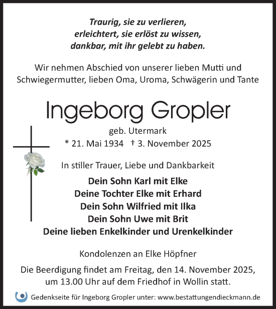 Traueranzeige von Ingeborg Gropler von Märkische Oderzeitung