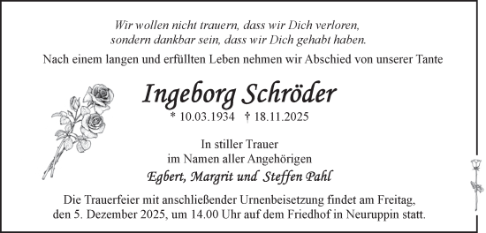 Traueranzeige von Ingeborg Schröder von Märkische Oderzeitung
