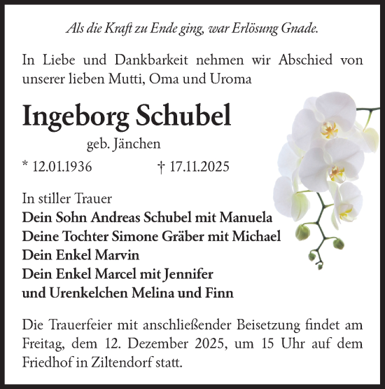 Traueranzeige von Ingeborg Schubel von Märkische Oderzeitung