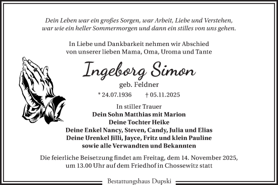 Traueranzeige von Ingeborg Simon von Märkische Oderzeitung