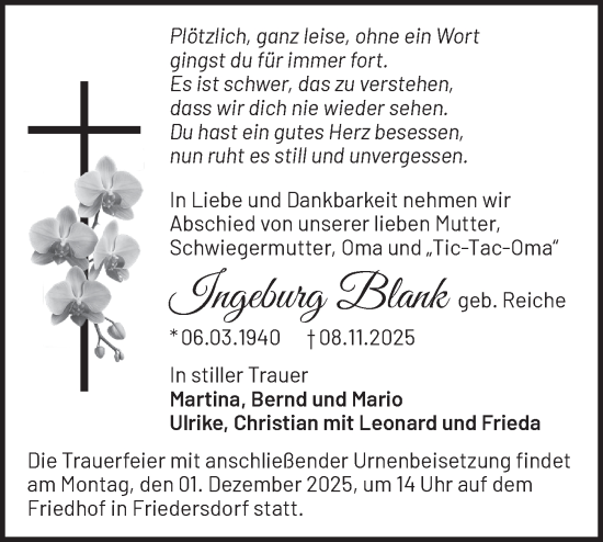 Traueranzeige von Ingeburg Blank von Blickpunkt Königs Wusterhausen