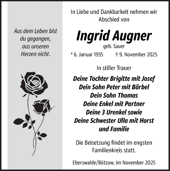 Traueranzeige von Ingrid Augner von Märkische Oderzeitung