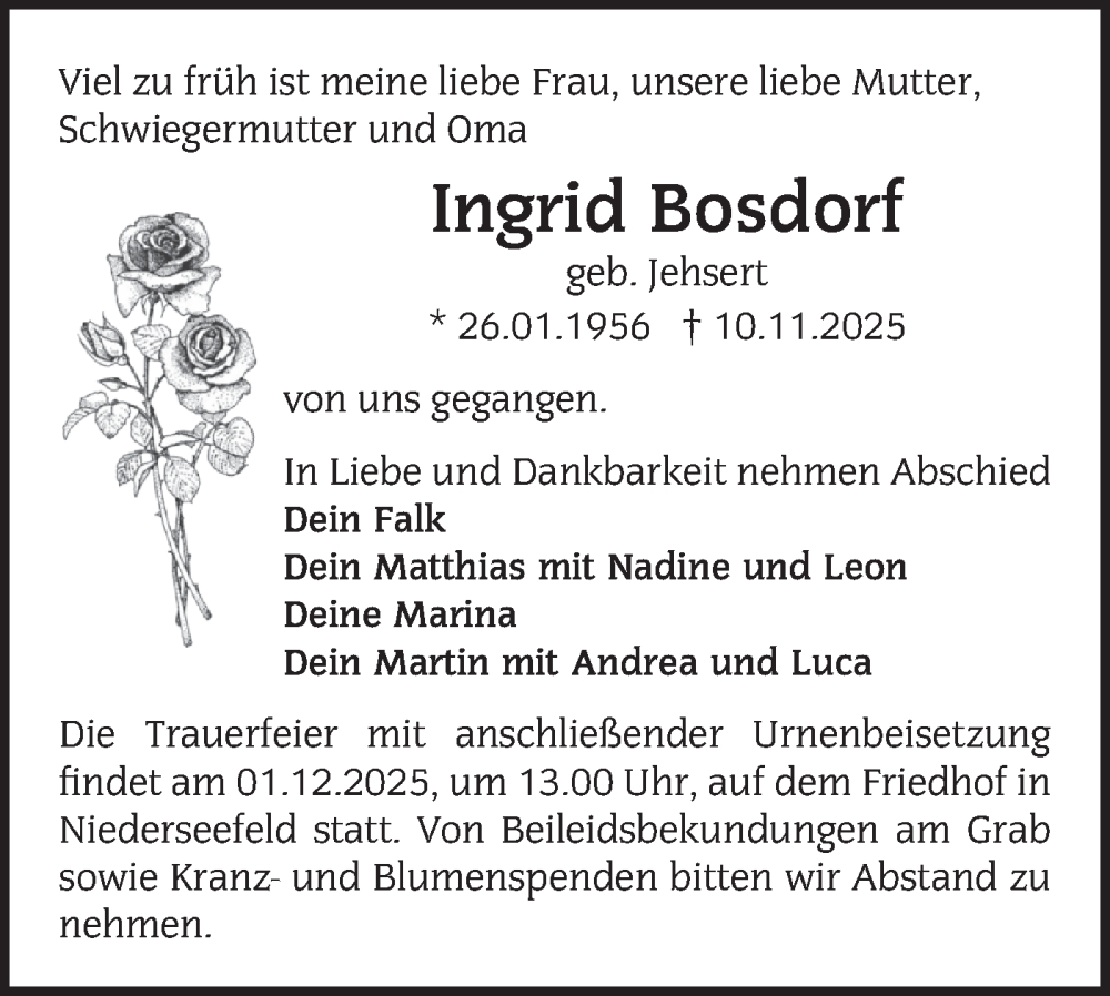  Traueranzeige für Ingrid Bosdorf vom 22.11.2025 aus Blickpunkt Jüterbog/Luckenwalde