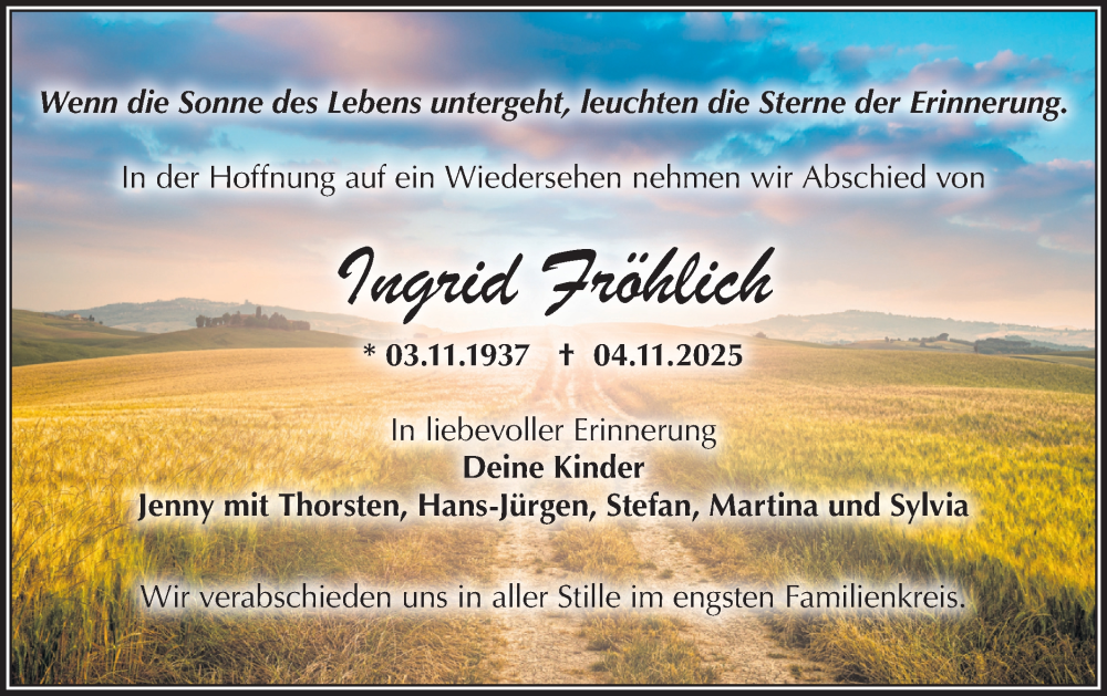  Traueranzeige für Ingrid Fröhlich vom 08.11.2025 aus MO Oderld.-Echo
