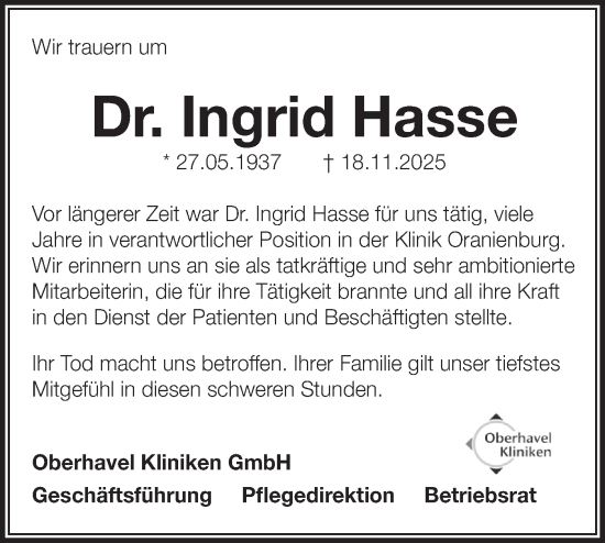 Traueranzeige von Ingrid Hasse von Märkische Oderzeitung