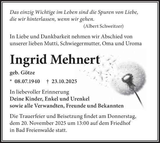 Traueranzeige von Ingrid Mehnert von MO Oderld.-Echo