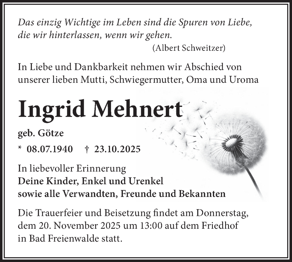  Traueranzeige für Ingrid Mehnert vom 01.11.2025 aus MO Oderld.-Echo