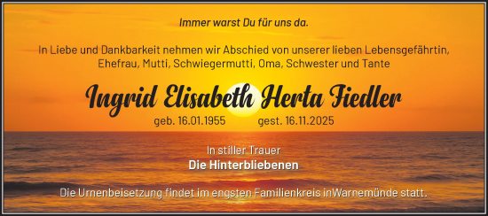 Traueranzeige von Ingrid Elisabeth Herta Fiedler von Märkische Oderzeitung