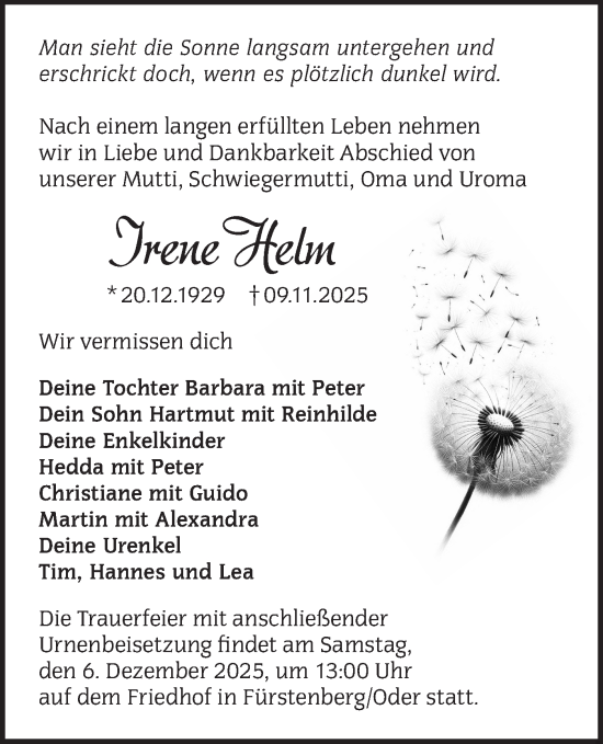 Traueranzeige von Irene Helm von Märkische Oderzeitung