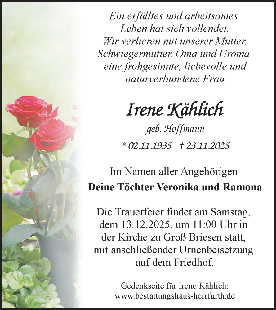  Traueranzeige für Irene Kählich vom 29.11.2025 aus Märkische Oderzeitung