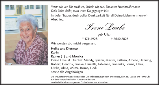 Traueranzeige von Irene Laube von Märkische Oderzeitung