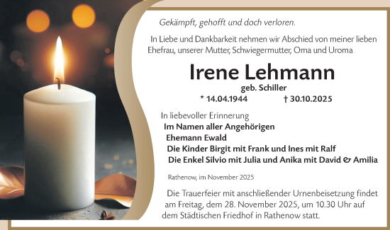 Traueranzeige von Irene Lehmann von Märkische Oderzeitung