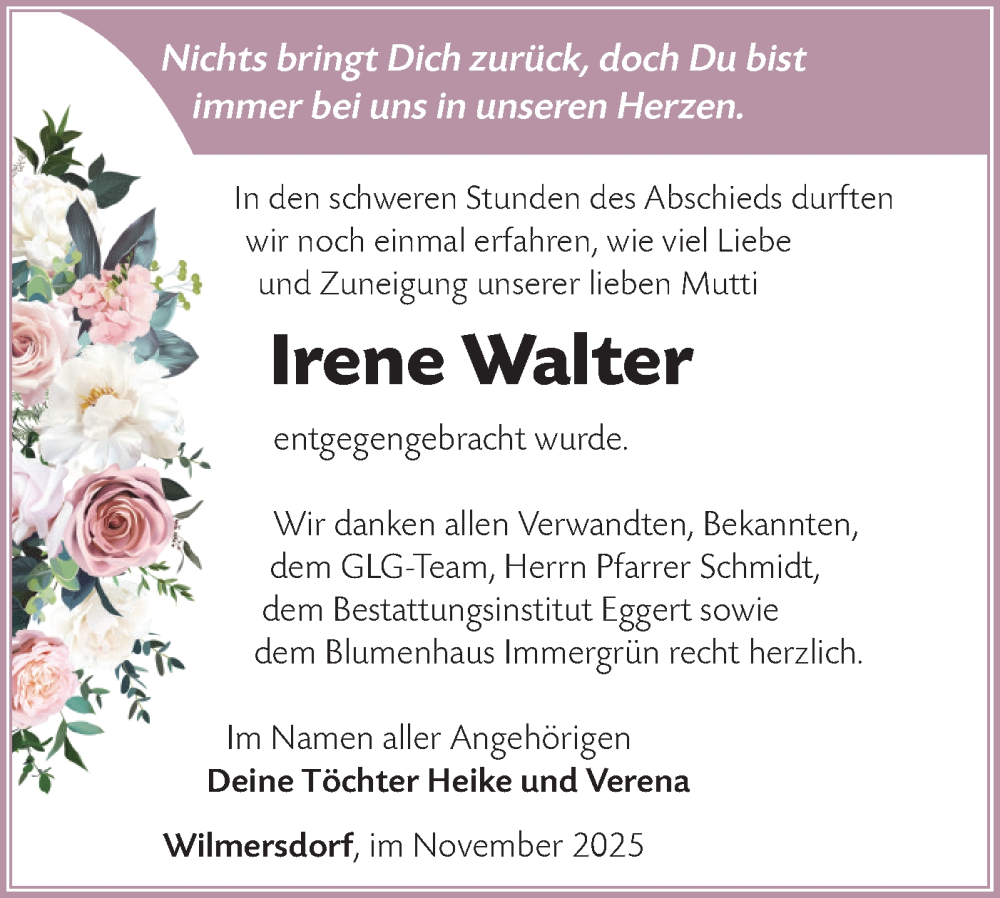  Traueranzeige für Irene Walter vom 29.11.2025 aus Märkische Oderzeitung