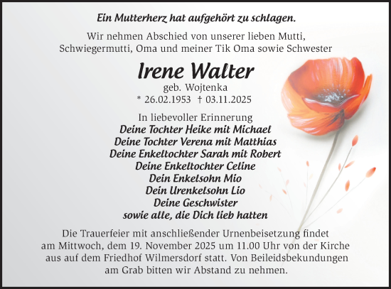 Traueranzeige von Irene Walter von Märkische Oderzeitung