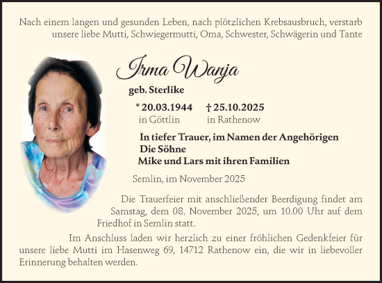 Traueranzeige von Irma Wanja von Märkische Oderzeitung